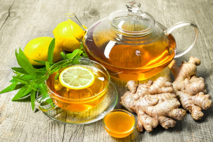Cup of ginger tea with honey and lemon