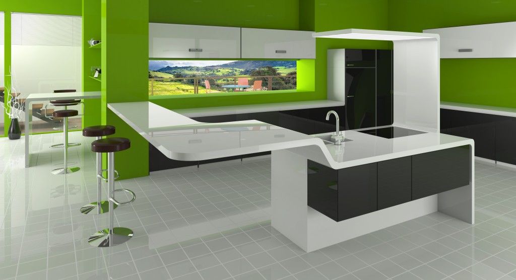 Modern kitchen in green, black and white colors