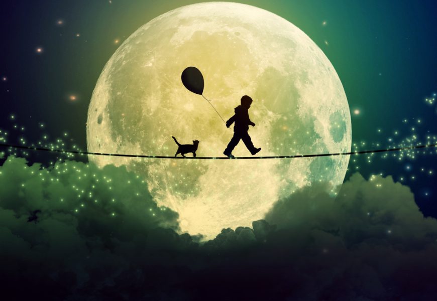 Мальчик и кошка на фоне луны