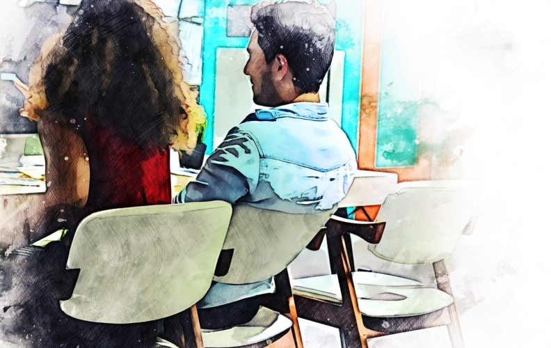 Abstract colorful young couple business partner talking and Discuss work on the desk on watercolor illustration painting background.