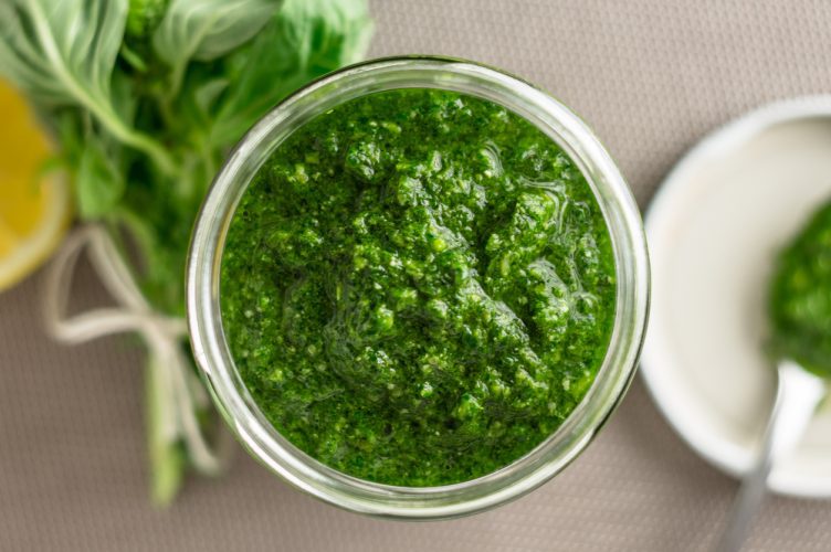 Pesto sauce top view close up